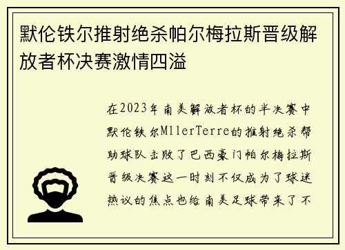 默伦铁尔推射绝杀帕尔梅拉斯晋级解放者杯决赛激情四溢